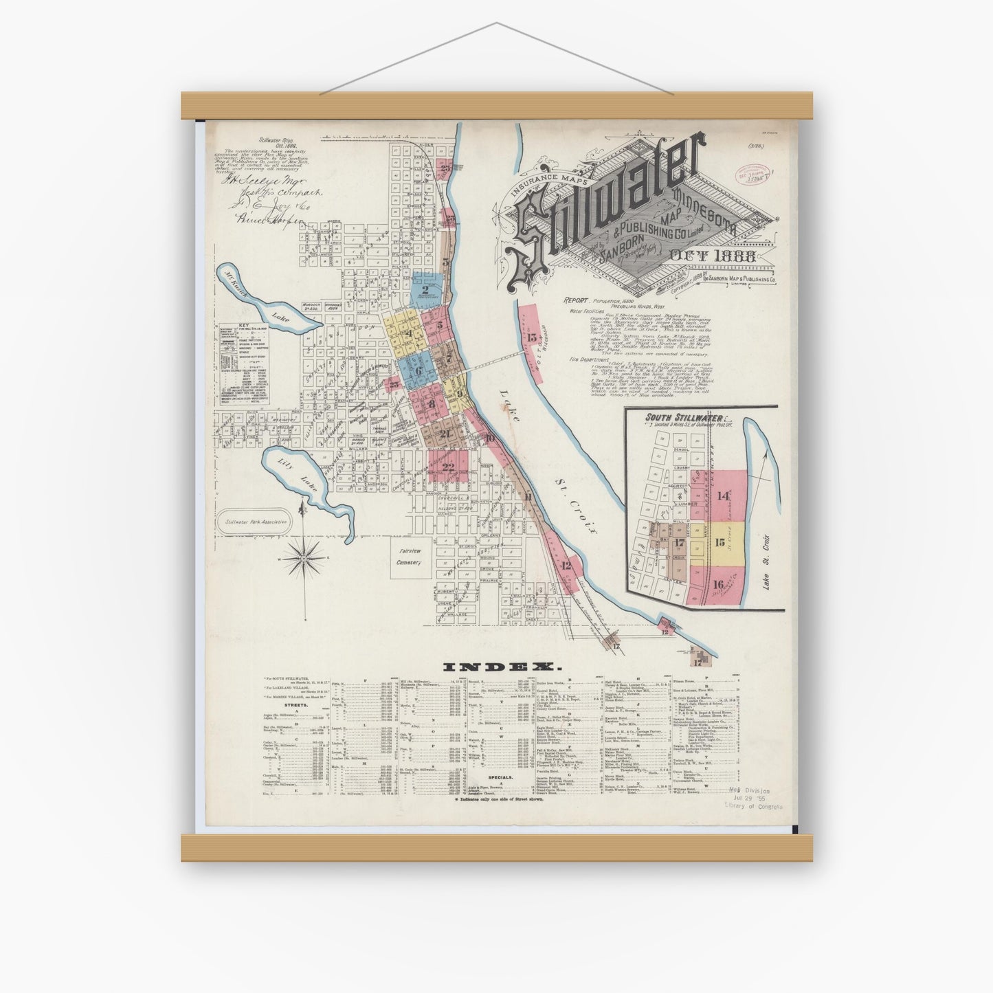 Old map wall art mockup — magnetic wood frame on white wall — Sanborn Fire Insurance Map from Stillwater, Washington County, Minnesota (1888), Sheet #0001