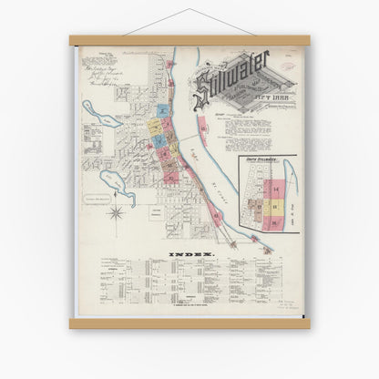 Old map wall art mockup — magnetic wood frame on white wall — Sanborn Fire Insurance Map from Stillwater, Washington County, Minnesota (1888), Sheet #0001