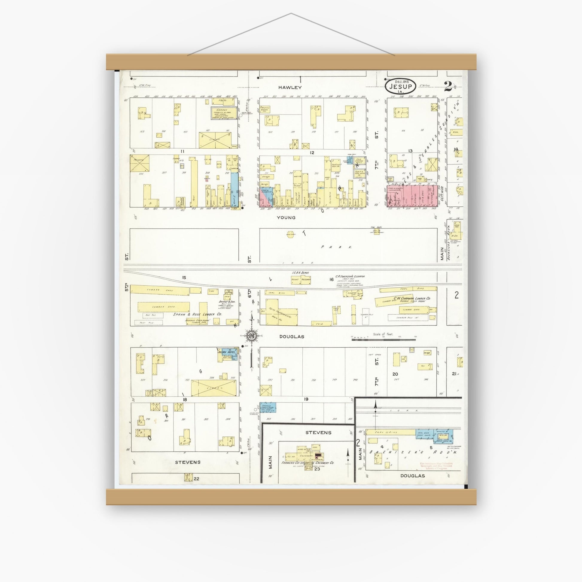 Old map wall art mockup — magnetic wood frame on white wall — Sanborn Fire Insurance Map from Jesup, Buchanan County, Iowa (1915), Sheet #0002