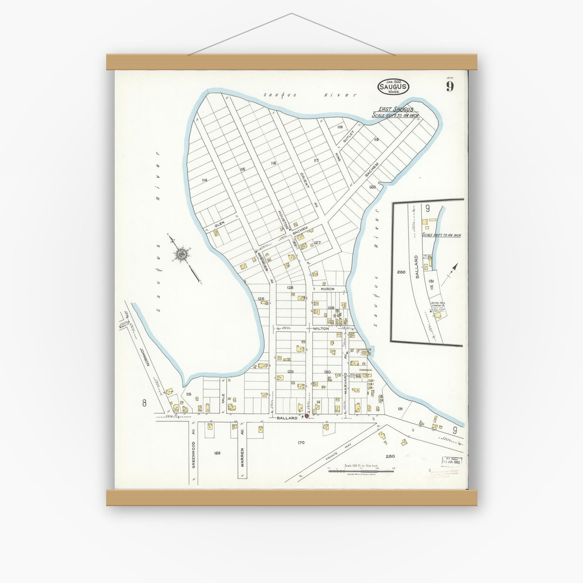 Old map wall art mockup — magnetic wood frame on white wall — Sanborn Fire Insurance Map from Saugus, Essex County, Massachusetts (1922), Sheet #0009