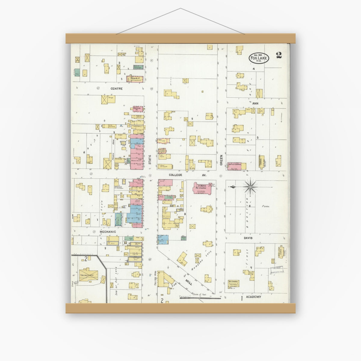Old map wall art mockup — magnetic wood frame on white wall — Sanborn Fire Insurance Map from Fox Lake, Dodge County, Wisconsin (1904), Sheet #0002