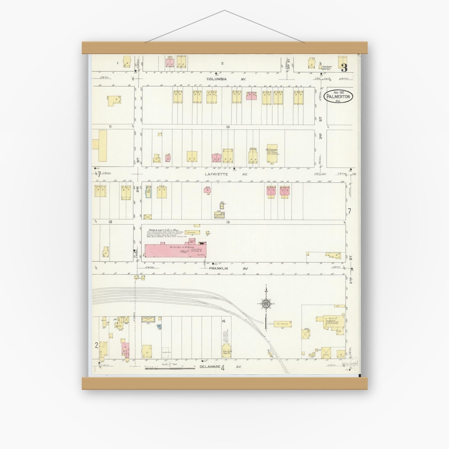 Old map wall art mockup — magnetic wood frame on white wall — Sanborn Fire Insurance Map from Palmerton, Carbon County, Pennsylvania (1912), Sheet #0003