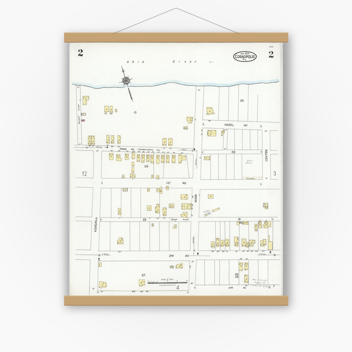 Old map wall art mockup — magnetic wood frame on white wall — Sanborn Fire Insurance Map from Coraopolis, Allegheny County, Pennsylvania (1924), Sheet #0002