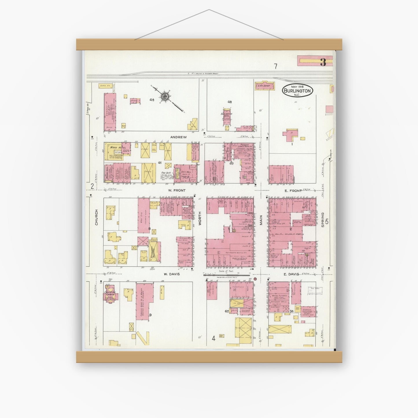 Old map wall art mockup — magnetic wood frame on white wall — Sanborn Fire Insurance Map from Burlington, Alamance County, North Carolina (1918), Sheet #0003