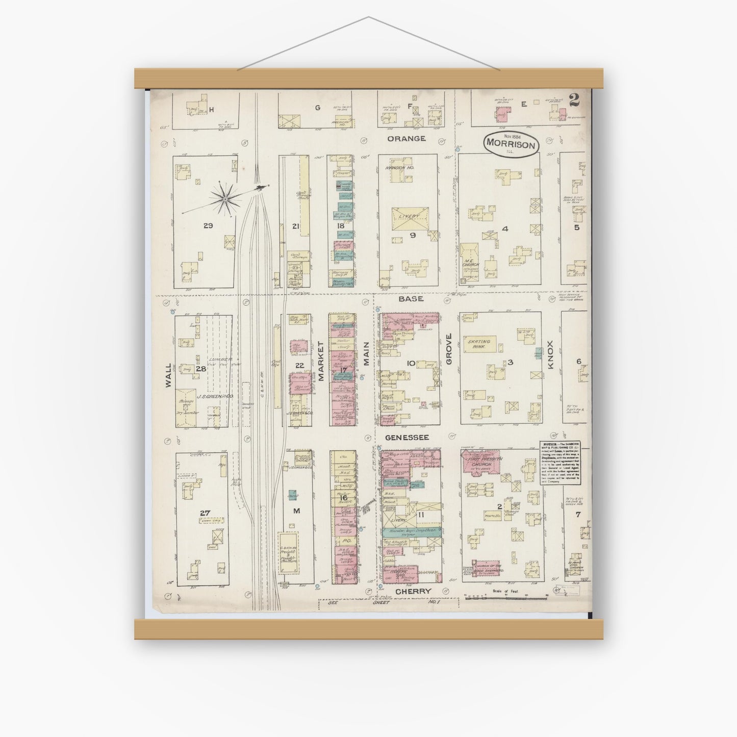 Old map wall art mockup — magnetic wood frame on white wall — Sanborn Fire Insurance Map from Morrison, Whiteside County, Illinois (1884), Sheet #0002