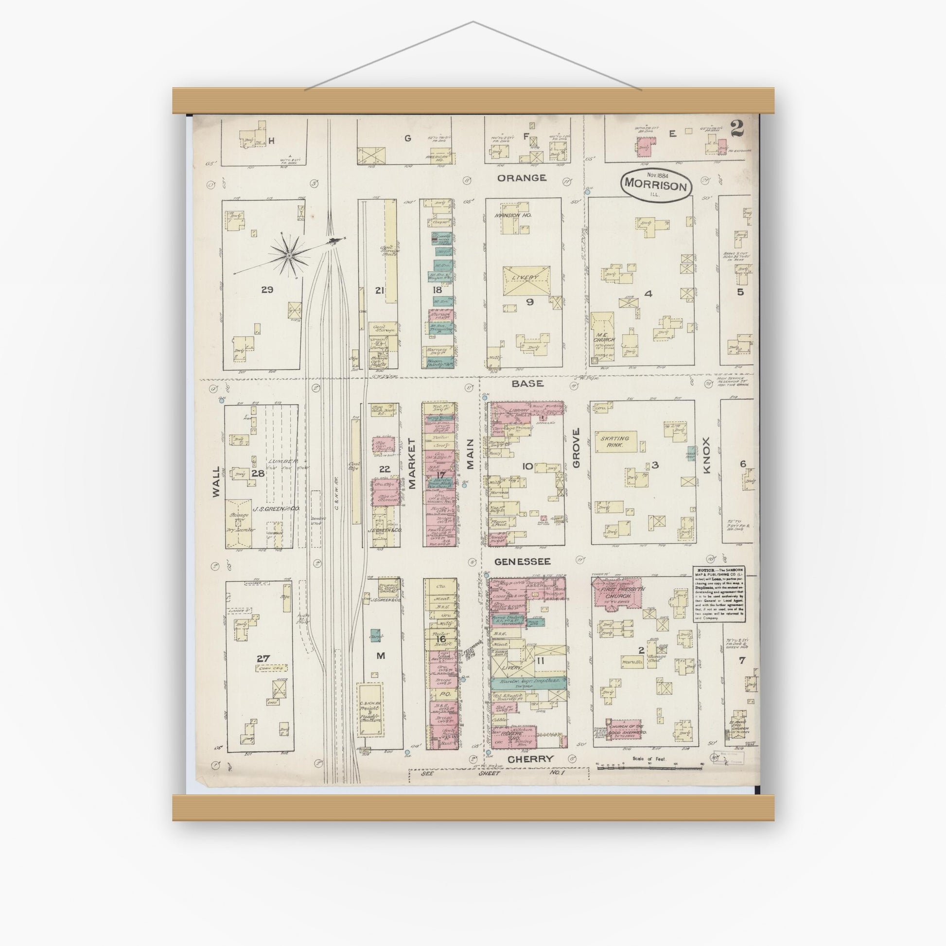 Old map wall art mockup — magnetic wood frame on white wall — Sanborn Fire Insurance Map from Morrison, Whiteside County, Illinois (1884), Sheet #0002