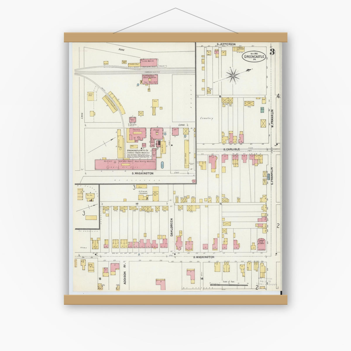 Old map wall art mockup — magnetic wood frame on white wall — Sanborn Fire Insurance Map from Greencastle, Franklin County, Pennsylvania (1902), Sheet #0003