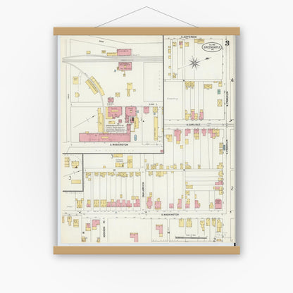 Old map wall art mockup — magnetic wood frame on white wall — Sanborn Fire Insurance Map from Greencastle, Franklin County, Pennsylvania (1902), Sheet #0003