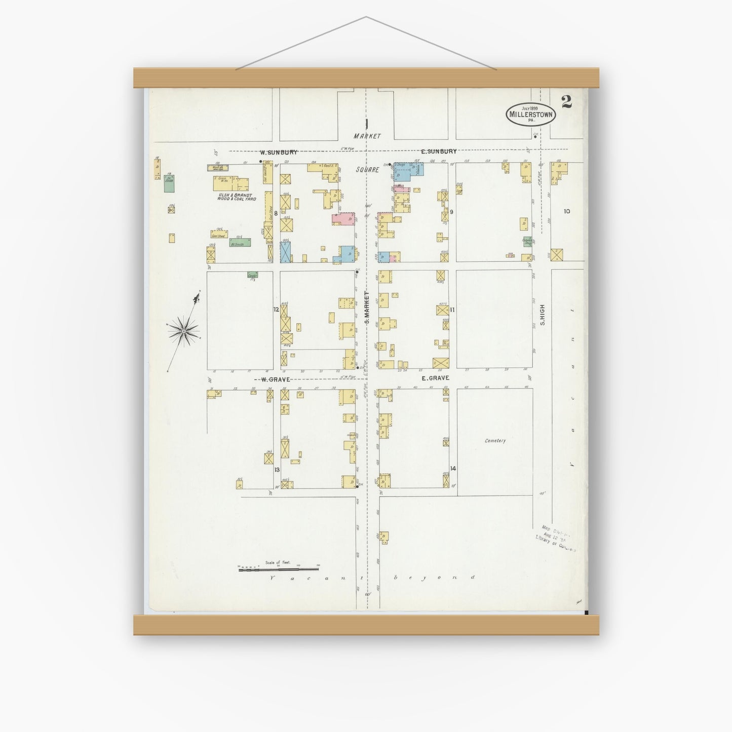 Old map wall art mockup — magnetic wood frame on white wall — Sanborn Fire Insurance Map from Millerstown, Perry County, Pennsylvania (1899), Sheet #0002