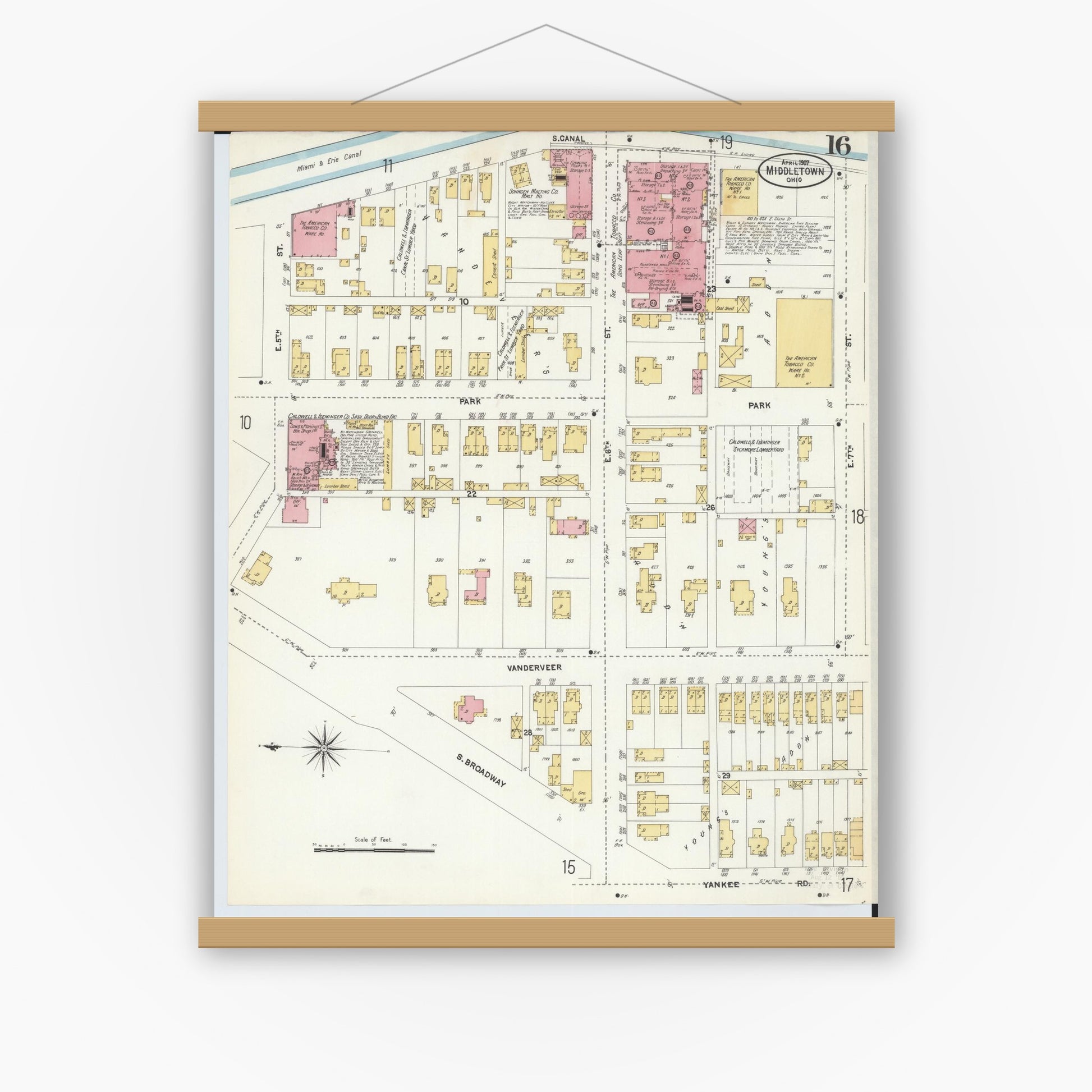 Old map wall art mockup — magnetic wood frame on white wall — Sanborn Fire Insurance Map from Middletown, Butler County, Ohio (1907), Sheet #0016