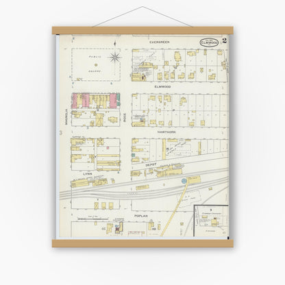 Old map wall art mockup — magnetic wood frame on white wall — Sanborn Fire Insurance Map from Elmwood, Peoria County, Illinois (1893), Sheet #0002