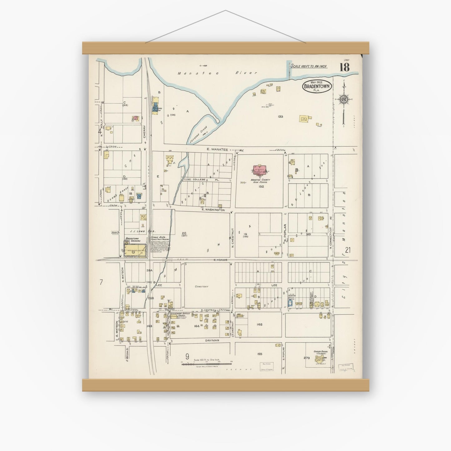 Old map wall art mockup — magnetic wood frame on white wall — Sanborn Fire Insurance Map from Bradentown, Manatee County, Florida (1922), Sheet #0018