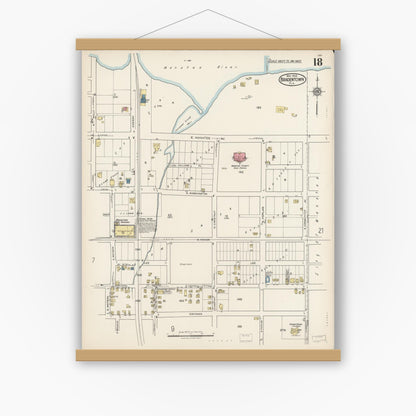 Old map wall art mockup — magnetic wood frame on white wall — Sanborn Fire Insurance Map from Bradentown, Manatee County, Florida (1922), Sheet #0018