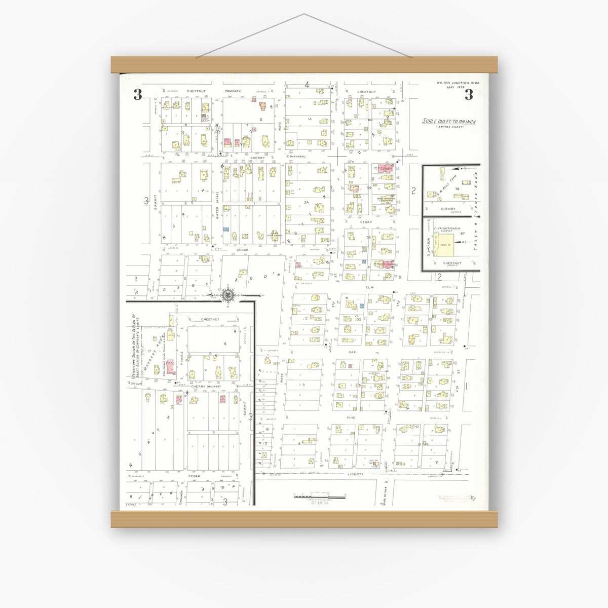 Old map wall art mockup — magnetic wood frame on white wall — Sanborn Fire Insurance Map from Wilton Junction, Muscatine County, Iowa (1939), Sheet #0003