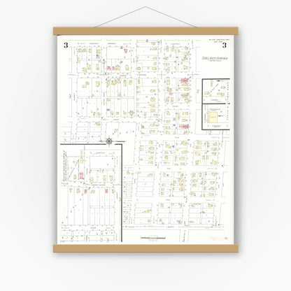 Old map wall art mockup — magnetic wood frame on white wall — Sanborn Fire Insurance Map from Wilton Junction, Muscatine County, Iowa (1939), Sheet #0003