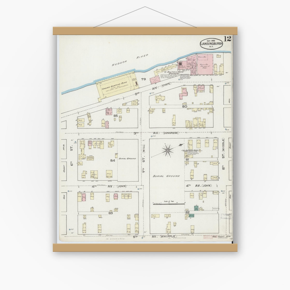 Old map wall art mockup — magnetic wood frame on white wall — Sanborn Fire Insurance Map from Lansingburg, Rensselaer County, New York (1886), Sheet #0012