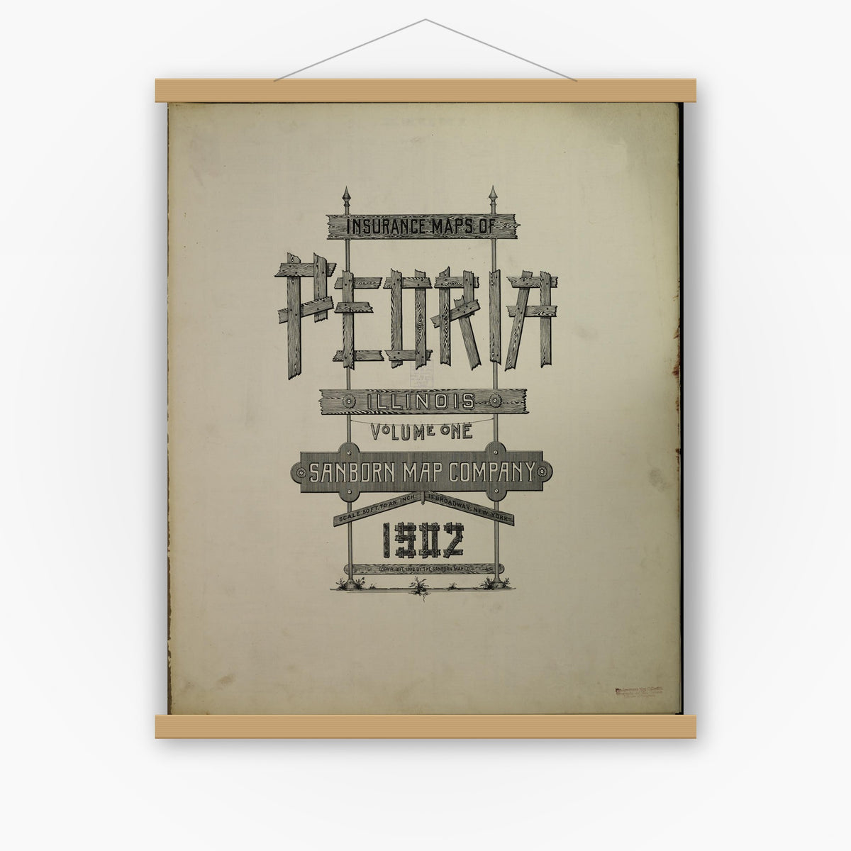 Old map wall art mockup — magnetic wood frame on white wall — Sanborn Fire Insurance Map from Peoria, Peoria County, Illinois (1902), Sheet #0001