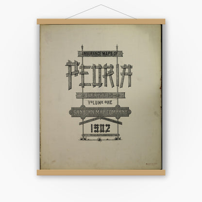 Old map wall art mockup — magnetic wood frame on white wall — Sanborn Fire Insurance Map from Peoria, Peoria County, Illinois (1902), Sheet #0001