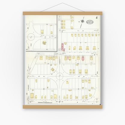 Old map wall art mockup — magnetic wood frame on white wall — Sanborn Fire Insurance Map from Burnham, Mifflin County, Pennsylvania (1910), Sheet #0004