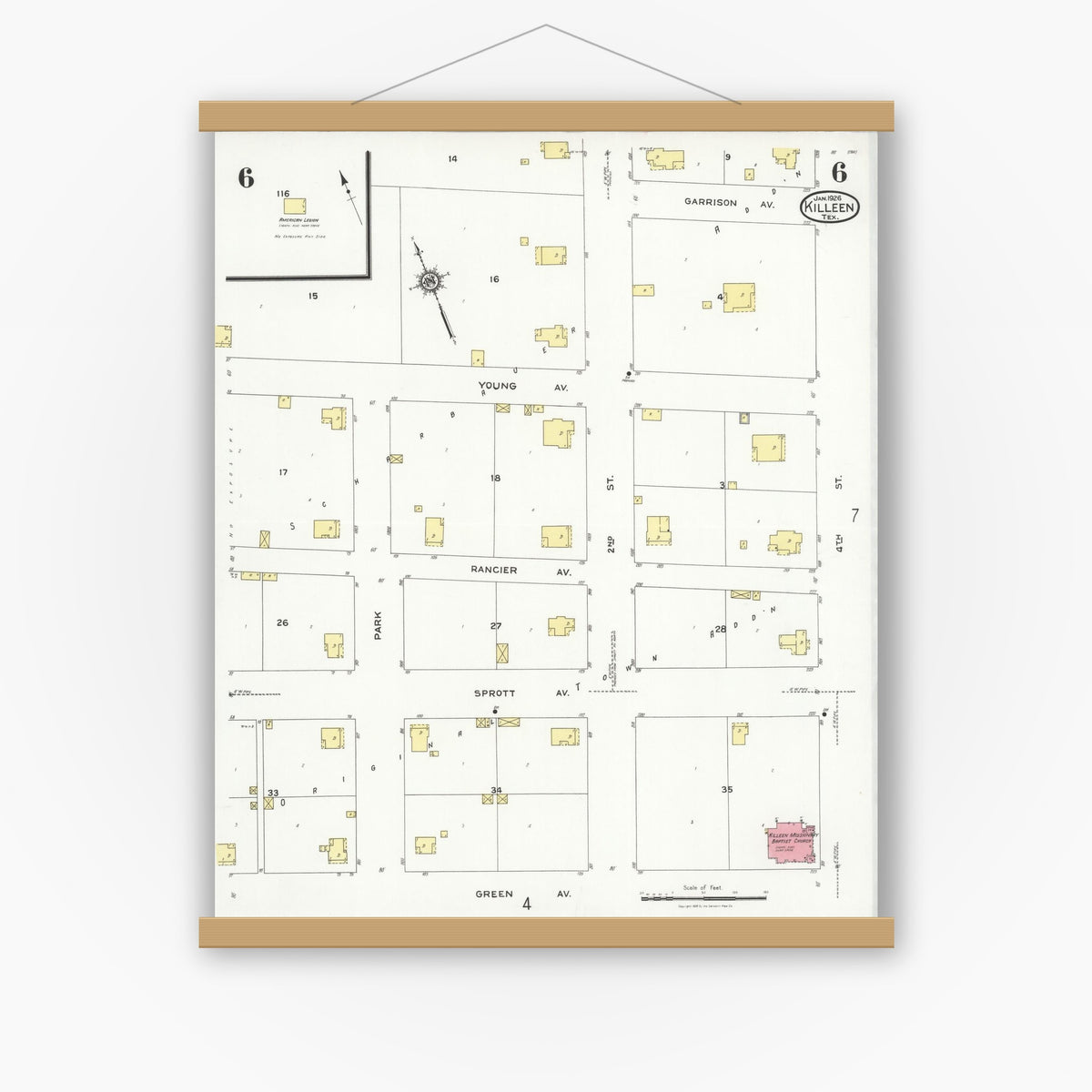 Old map wall art mockup — magnetic wood frame on white wall — Sanborn Fire Insurance Map from Killeen, Bell County, Texas (1926), Sheet #0006