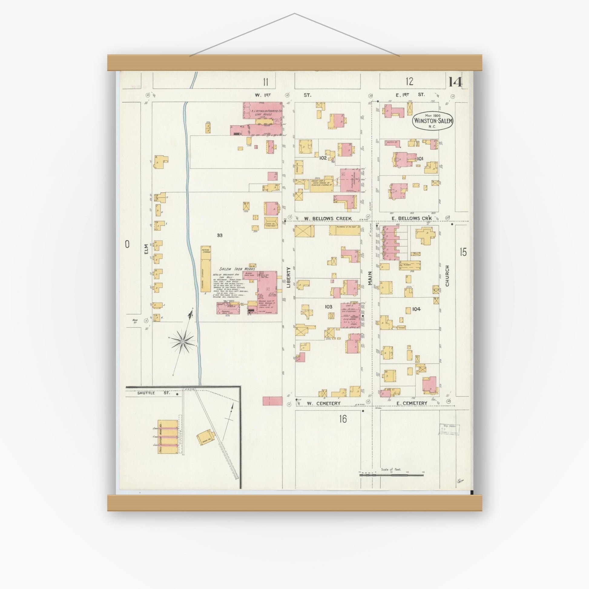 Old map wall art mockup — magnetic wood frame on white wall — Sanborn Fire Insurance Map from Winston-Salem, Forsyth County, North Carolina (1900), Sheet #0014