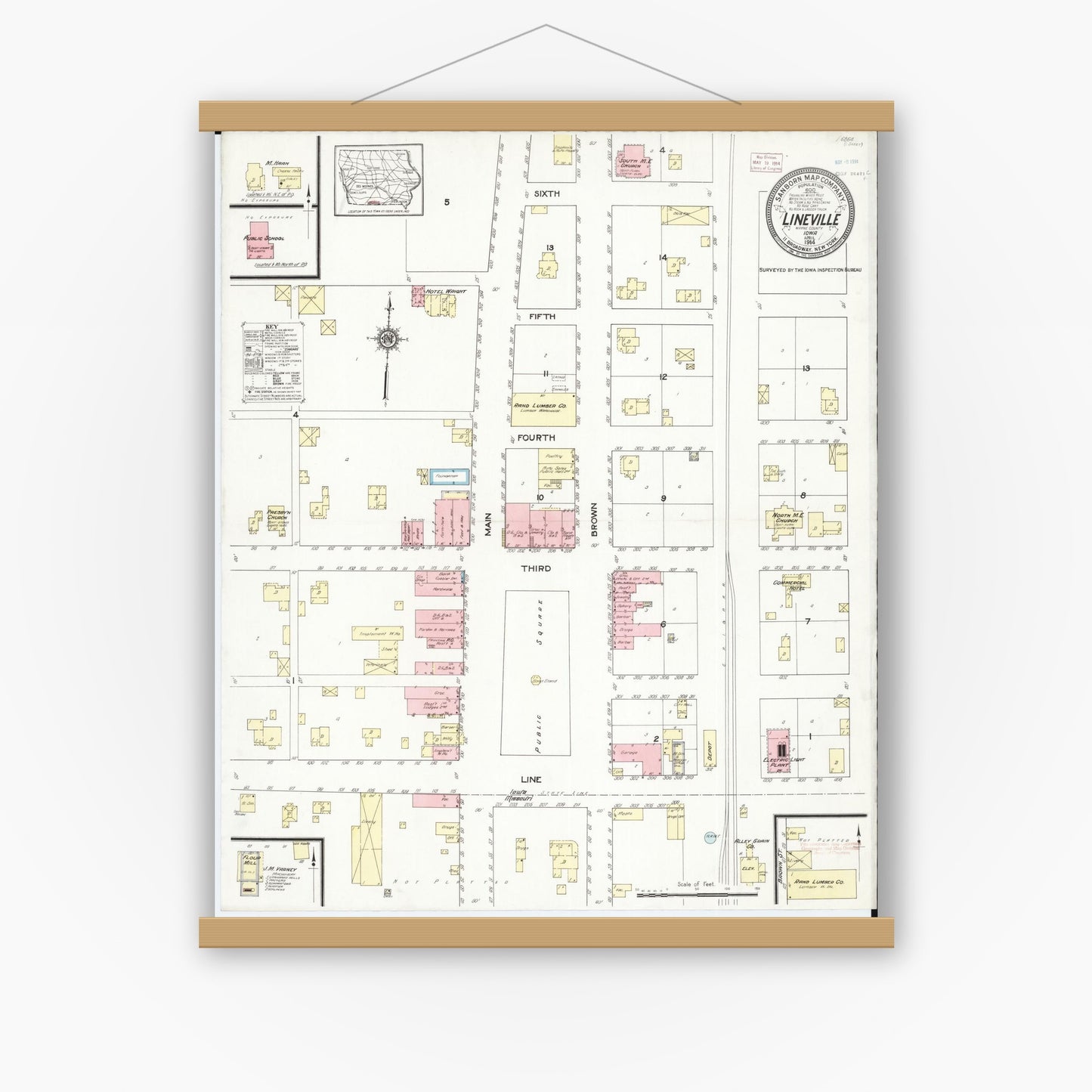 Old map wall art mockup — magnetic wood frame on white wall — Sanborn Fire Insurance Map from Lineville, Wayne County, Iowa (1914), Sheet #0001