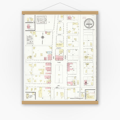 Old map wall art mockup — magnetic wood frame on white wall — Sanborn Fire Insurance Map from Lineville, Wayne County, Iowa (1914), Sheet #0001