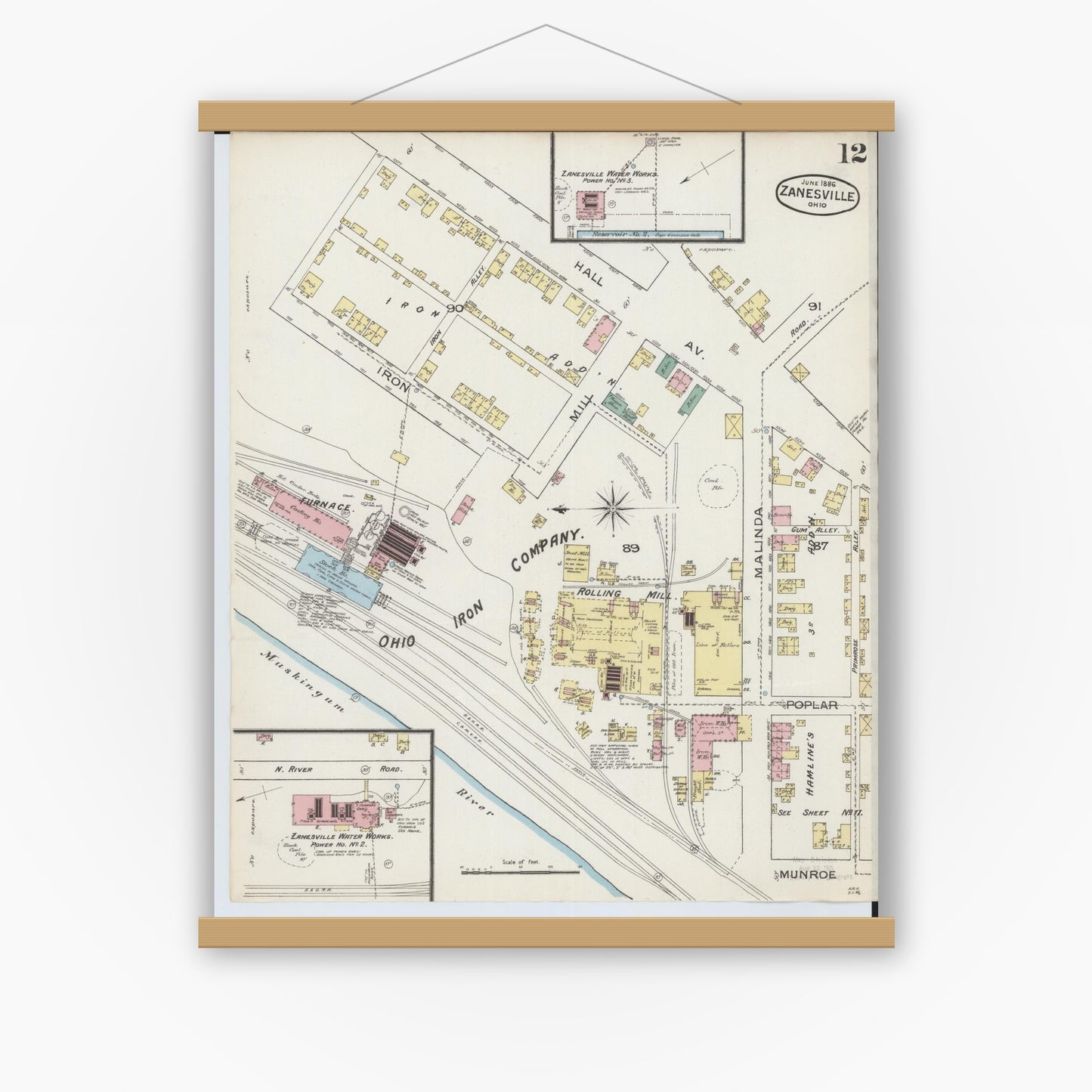 Old map wall art mockup — magnetic wood frame on white wall — Sanborn Fire Insurance Map from Zanesville, Muskingum County, Ohio (1886), Sheet #0012