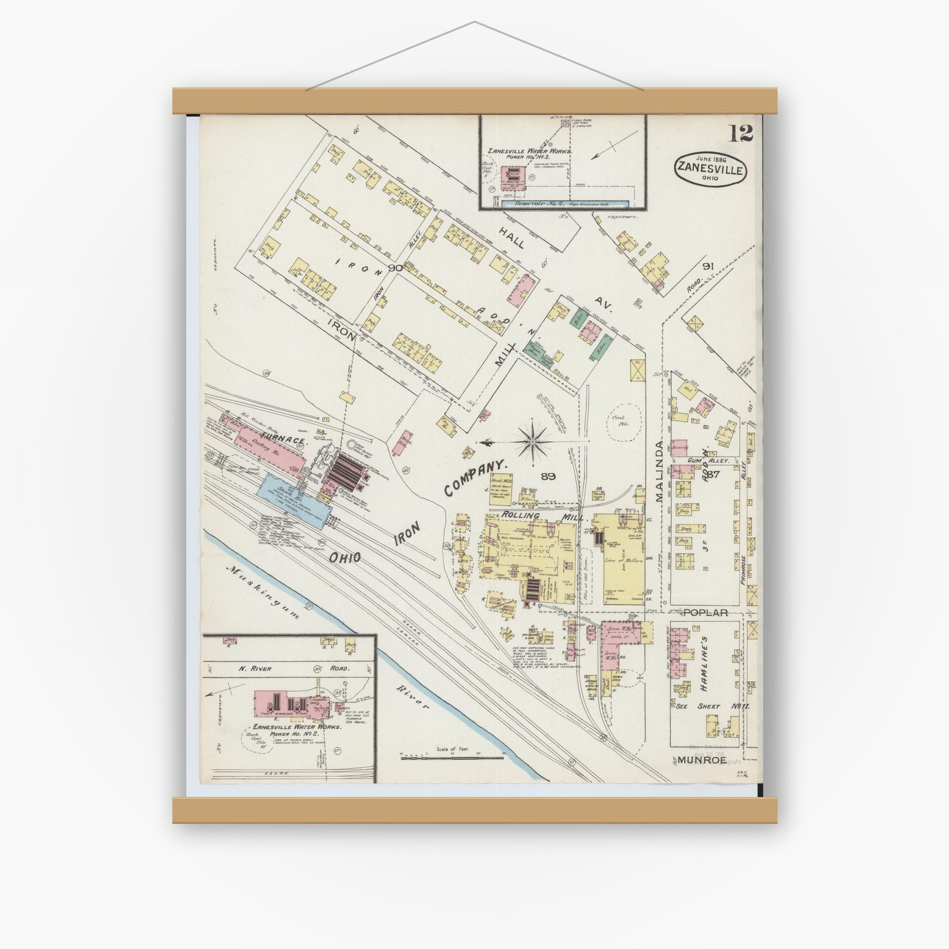Old map wall art mockup — magnetic wood frame on white wall — Sanborn Fire Insurance Map from Zanesville, Muskingum County, Ohio (1886), Sheet #0012
