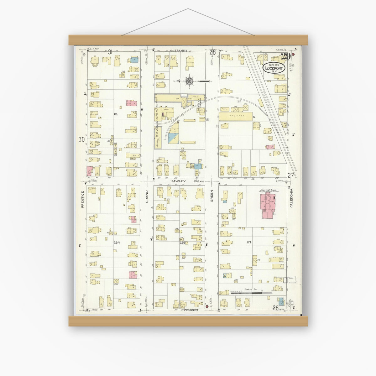 Old map wall art mockup — magnetic wood frame on white wall — Sanborn Fire Insurance Map from Lockport, Niagara County, New York (1914), Sheet #0029