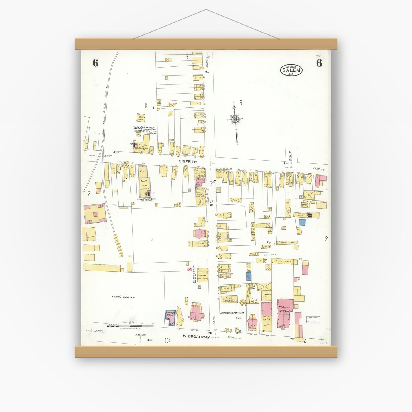 Old map wall art mockup — magnetic wood frame on white wall — Sanborn Fire Insurance Map from Salem, Salem County, New Jersey (1923), Sheet #0006