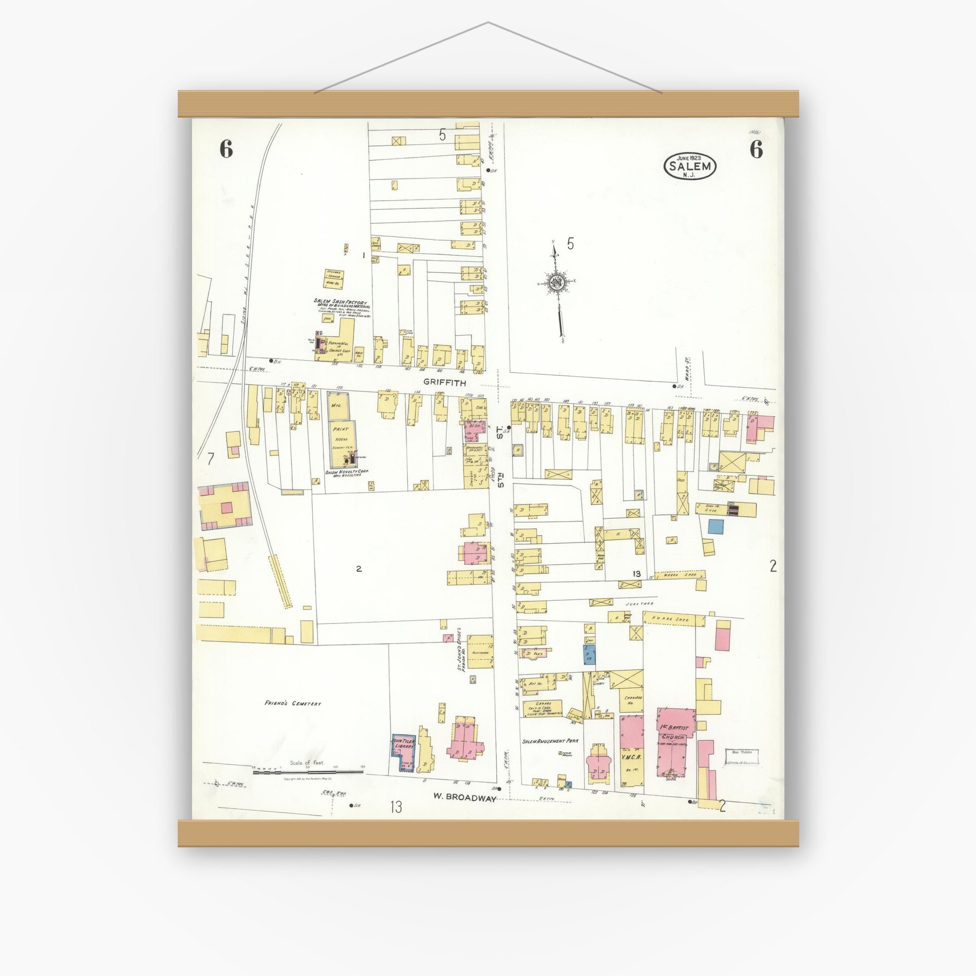 Old map wall art mockup — magnetic wood frame on white wall — Sanborn Fire Insurance Map from Salem, Salem County, New Jersey (1923), Sheet #0006