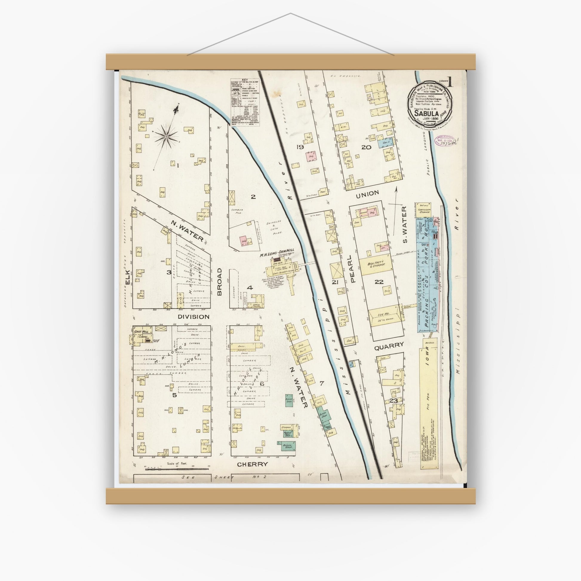 Old map wall art mockup — magnetic wood frame on white wall — Sanborn Fire Insurance Map from Sabula, Jackson County, Iowa (1886), Sheet #0001