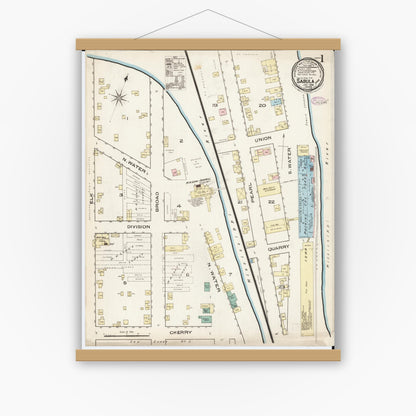 Old map wall art mockup — magnetic wood frame on white wall — Sanborn Fire Insurance Map from Sabula, Jackson County, Iowa (1886), Sheet #0001