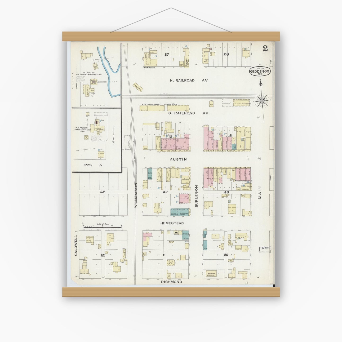 Old map wall art mockup — magnetic wood frame on white wall — Sanborn Fire Insurance Map from Giddings, Lee County, Texas (1891), Sheet #0002