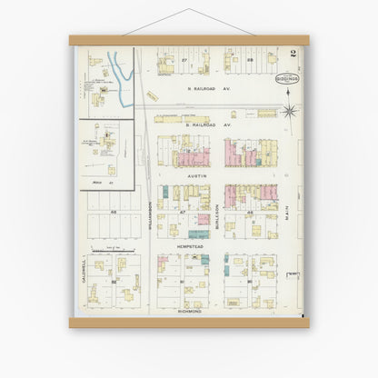 Old map wall art mockup — magnetic wood frame on white wall — Sanborn Fire Insurance Map from Giddings, Lee County, Texas (1891), Sheet #0002
