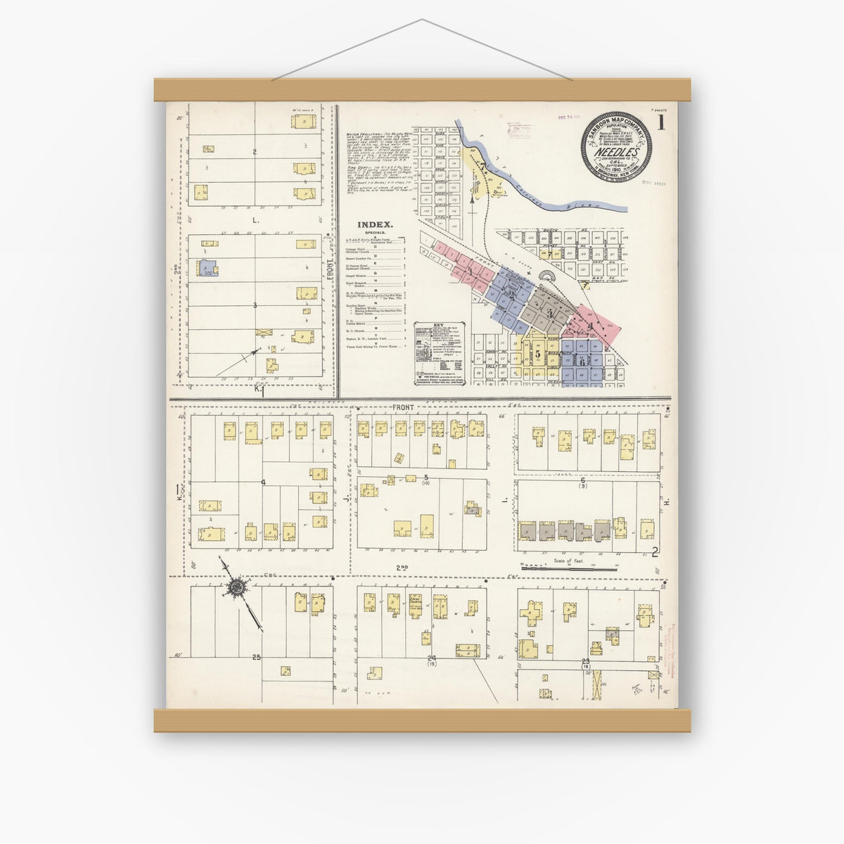 Old map wall art mockup — magnetic wood frame on white wall — Sanborn Fire Insurance Map from Needles, San Bernardino County, California (1910) - Complete Map Set