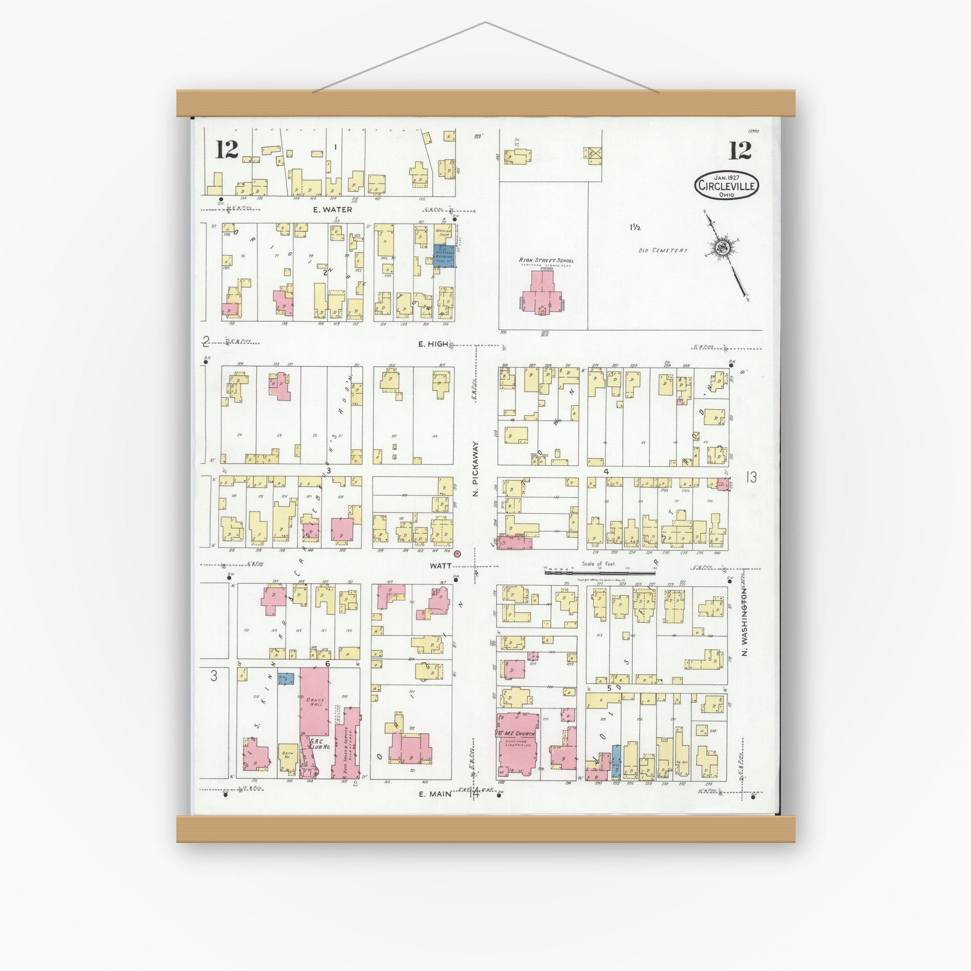 Old map wall art mockup — magnetic wood frame on white wall — Sanborn Fire Insurance Map from Circleville, Pickaway County, Ohio (1927), Sheet #0012