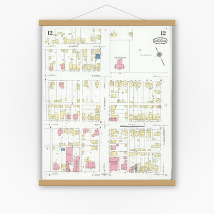 Old map wall art mockup — magnetic wood frame on white wall — Sanborn Fire Insurance Map from Circleville, Pickaway County, Ohio (1927), Sheet #0012