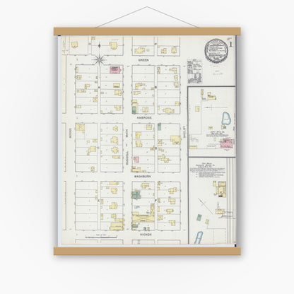 Old map wall art mockup — magnetic wood frame on white wall — Sanborn Fire Insurance Map from Higginsville, Lafayette County, Missouri (1892) - Complete Map Set