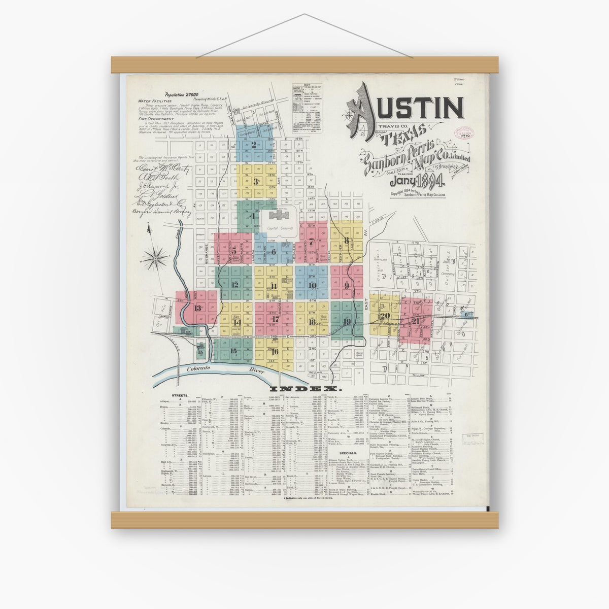 Old map wall art mockup — magnetic wood frame on white wall — Sanborn Fire Insurance Map from Austin, Travis County, Texas (1894) - Complete Map Set