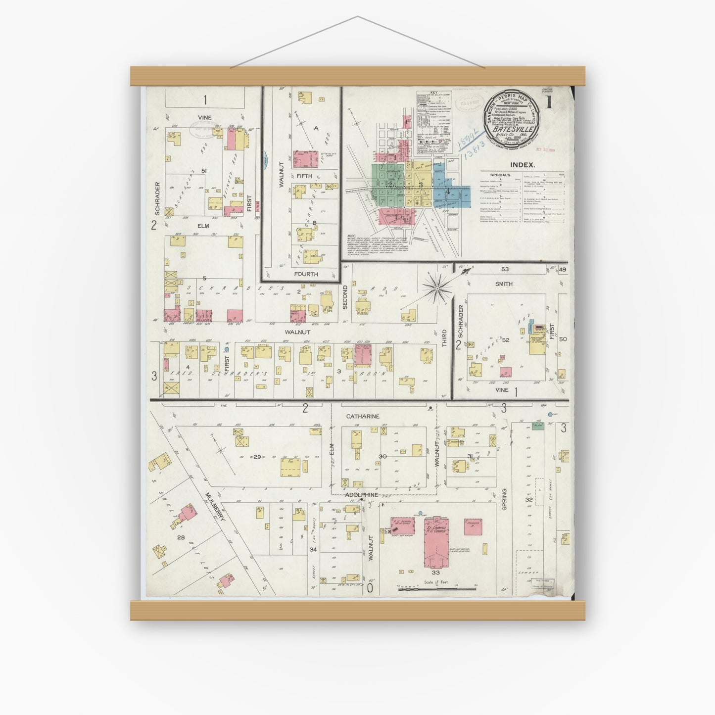 Old map wall art mockup — magnetic wood frame on white wall — Sanborn Fire Insurance Map from Batesville, Ripley County, Indiana (1899), Sheet #0001