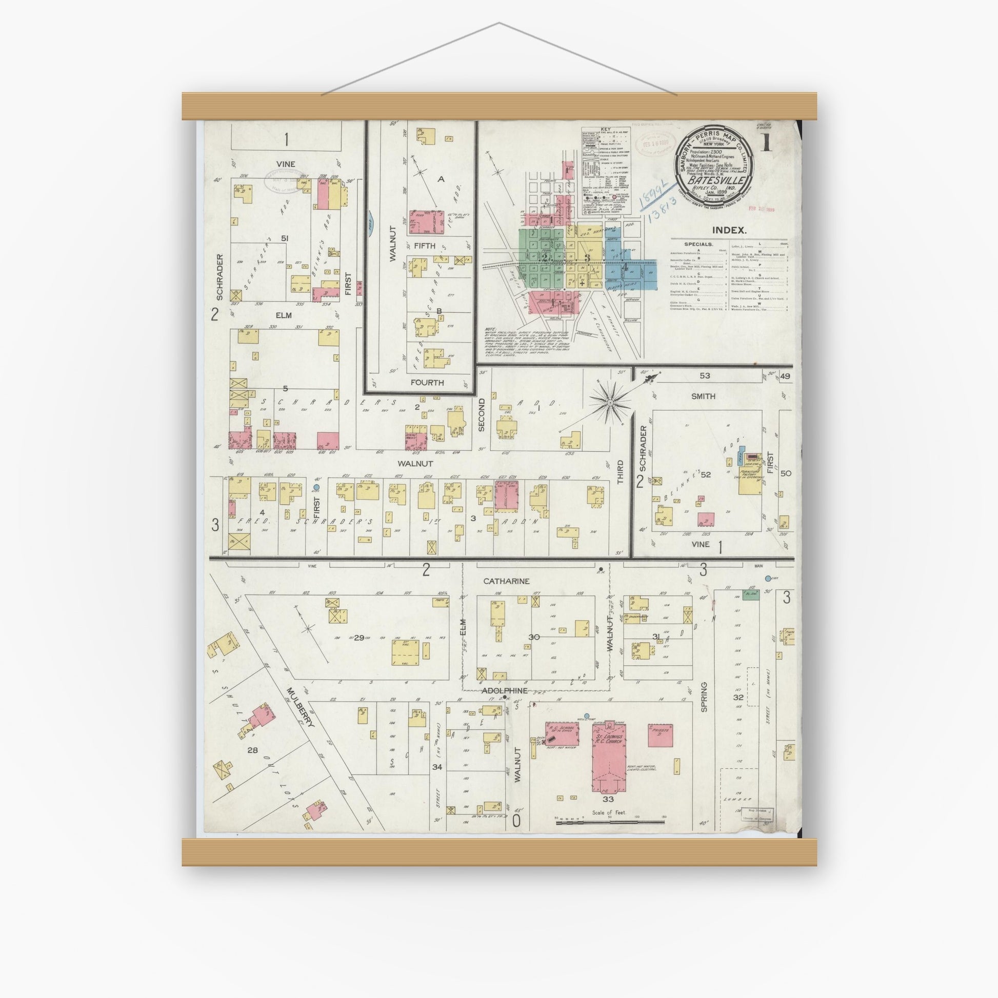 Old map wall art mockup — magnetic wood frame on white wall — Sanborn Fire Insurance Map from Batesville, Ripley County, Indiana (1899), Sheet #0001
