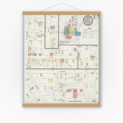 Old map wall art mockup — magnetic wood frame on white wall — Sanborn Fire Insurance Map from Batesville, Ripley County, Indiana (1899), Sheet #0001