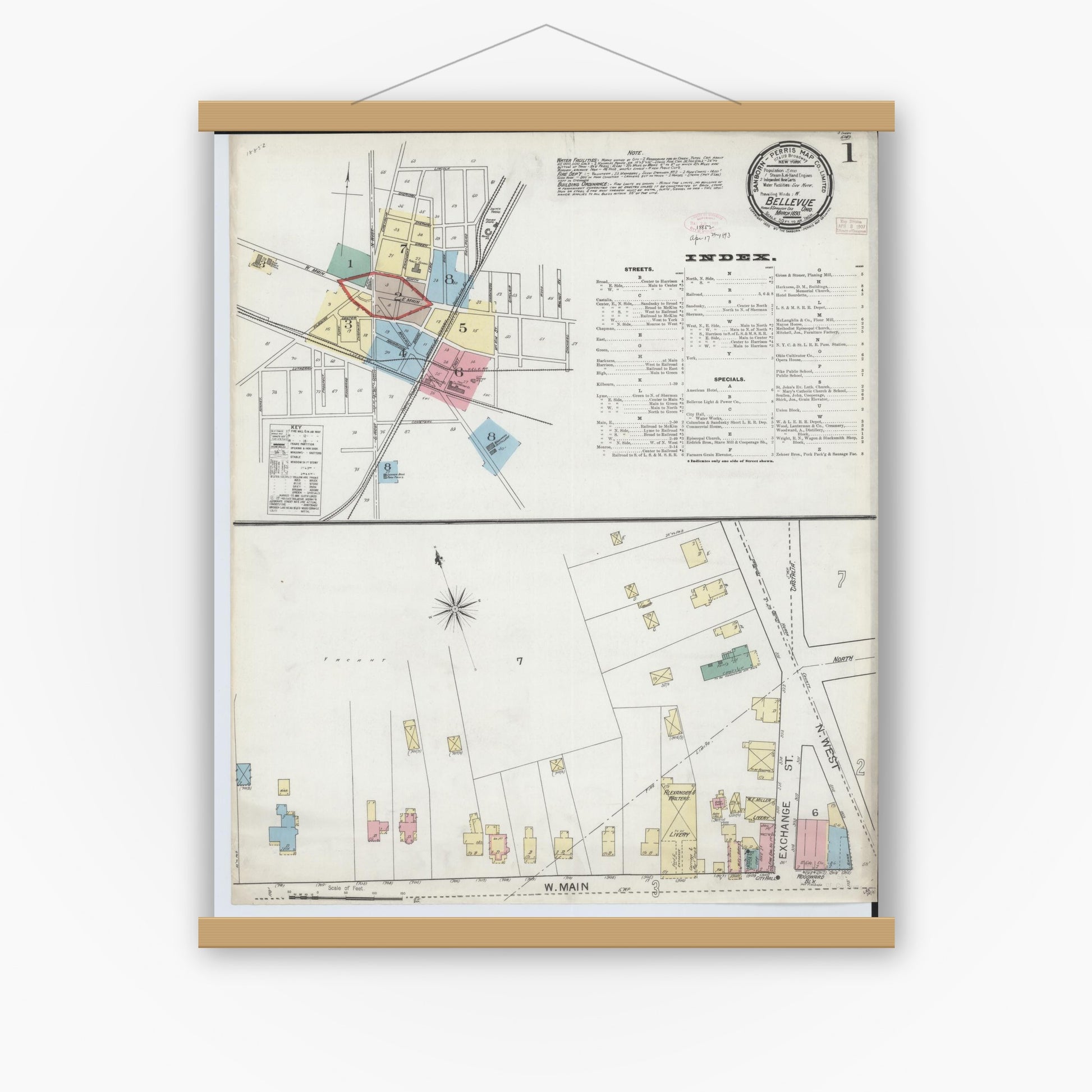 Old map wall art mockup — magnetic wood frame on white wall — Sanborn Fire Insurance Map from Bellevue, Huron And Sandusky County, Ohio (1893) - Complete Map Set