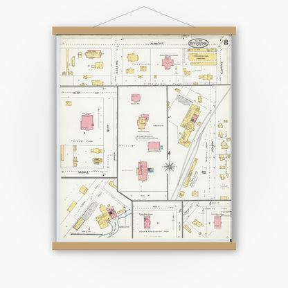 Old map wall art mockup — magnetic wood frame on white wall — Sanborn Fire Insurance Map from Beaver Dam, Dodge County, Wisconsin (1904), Sheet #0008