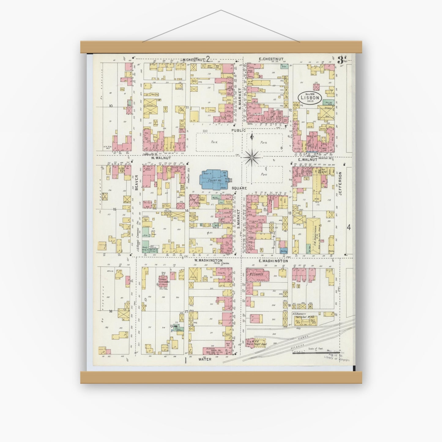 Old map wall art mockup — magnetic wood frame on white wall — Sanborn Fire Insurance Map from Lisbon, Columbiana County, Ohio (1898), Sheet #0003