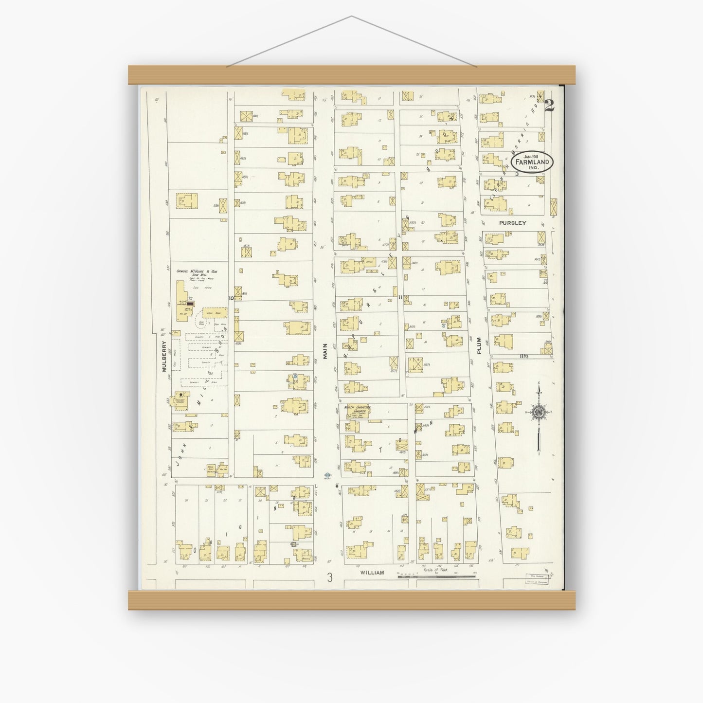 Old map wall art mockup — magnetic wood frame on white wall — Sanborn Fire Insurance Map from Farmland, Randolph County, Indiana (1911), Sheet #0002