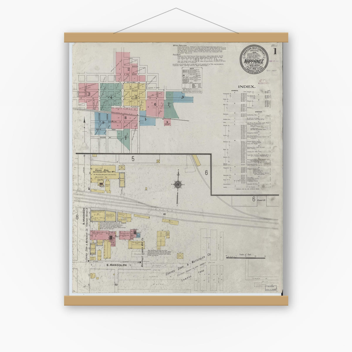 Old map wall art mockup — magnetic wood frame on white wall — Sanborn Fire Insurance Map from Nappanee, Elkhart County, Indiana (1910), Sheet #0001