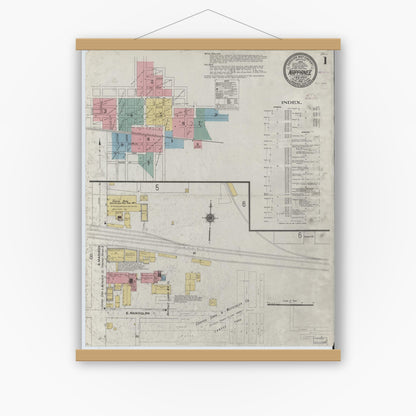 Old map wall art mockup — magnetic wood frame on white wall — Sanborn Fire Insurance Map from Nappanee, Elkhart County, Indiana (1910), Sheet #0001
